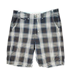 American Eagle Outfitters Longboard Shorts 33 Mens Plaid Black White Blue 11"